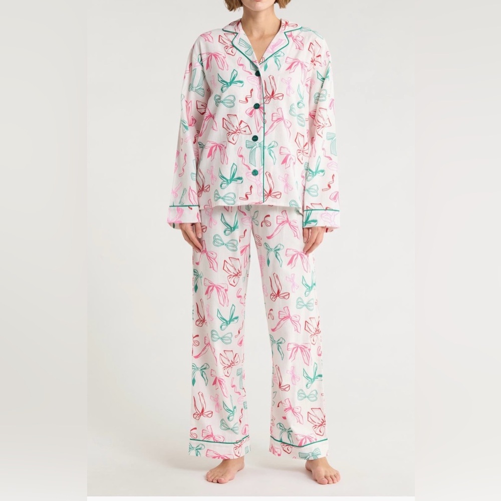 PJ Salvage Flannel Pajama Set Bows Women Medium Ivory Top & Pants NWT🎀 - Picture 2 of 3